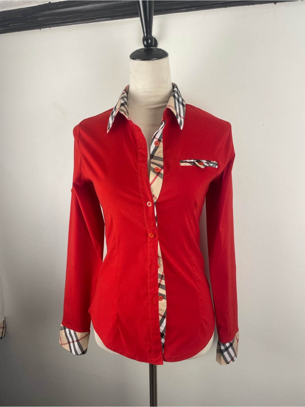 Classic Red Long-Sleeve Shirt with Check Trim